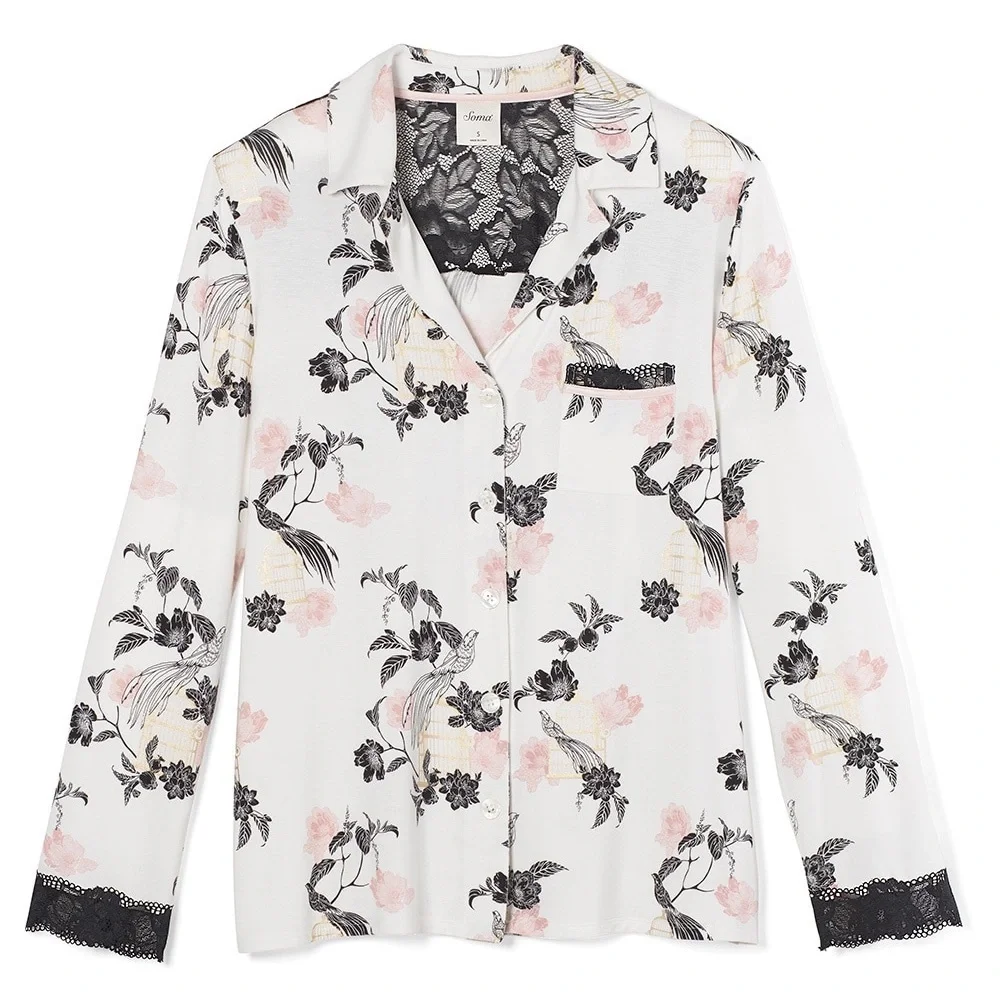 Soma Signature Lace Long Sleeve Notch Collar Pajama Top Majestic Birds Medium - Picture 3 of 8